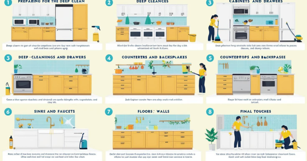 How to Deep Clean Your Kitchen Like a Pro 1. Preparing for the Deep Clean 2. Deep Cleaning the Appliances 3. Cabinets and Drawers 4. Countertops and Backsplashes 5. Sinks and Faucets 6. Floors an